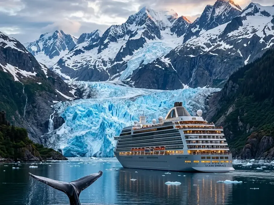 Glacier meeting the sea in Alaska with snow-capped mountains behind